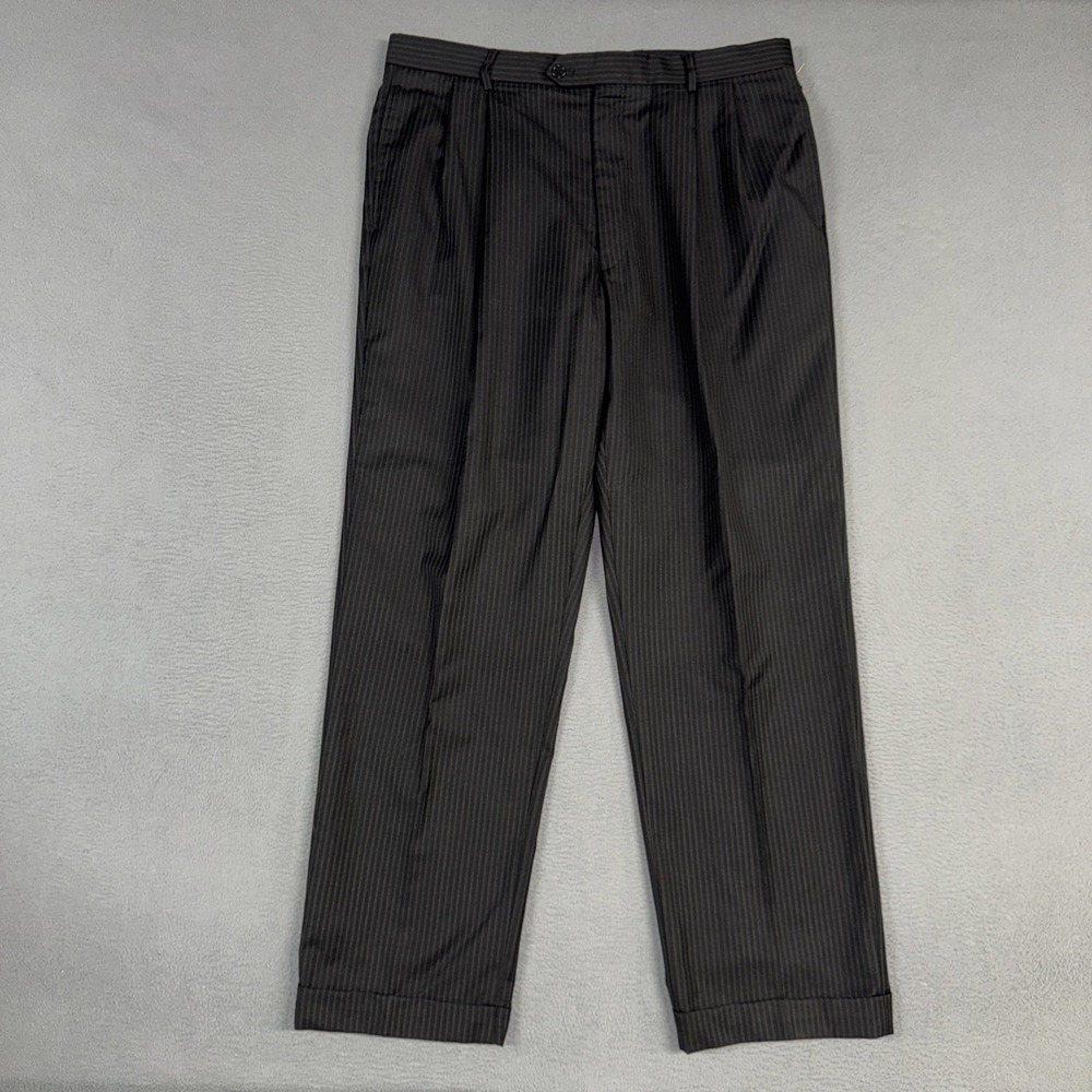 Jos A Bank Dress Pants Mens 37x32 Black Pin Striped Classic Pleated Cuffed Wool